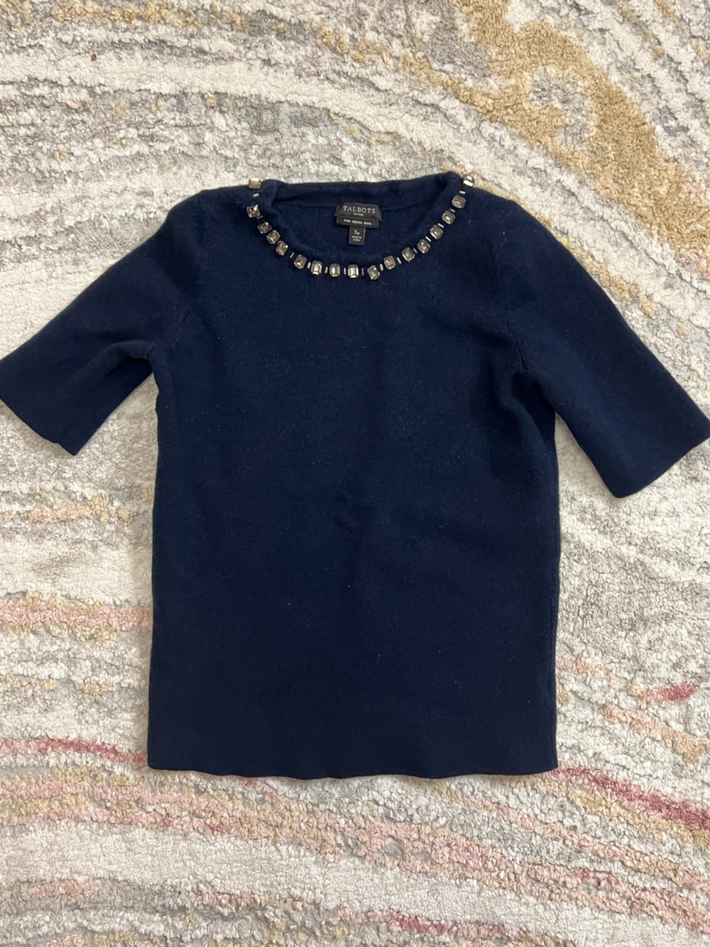 Talbots Navy Jeweled Neck Short Sleeve Sweater